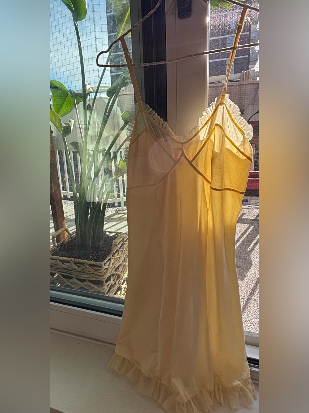 Vintage La Vie En Rose Yellow Lace-Trim Slip Dress Mesh Ruffle Top & Bottom